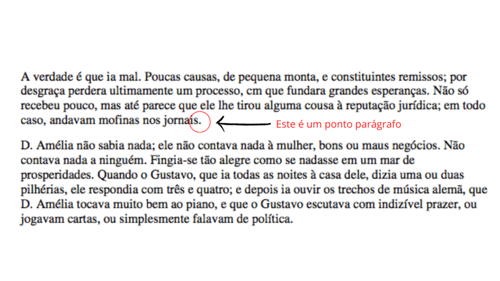 A imagem mostra um exemplo de um ponto parágrafo. Há dois parágrafos do conto de Machado de Assis. O último ponto do primeiro parágrafo está circulado de vermelho e ao lado está escrito: "este é um ponto parágrafo".