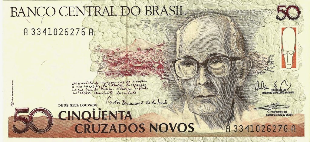 Nota com o rosto do escritor Carlos Drummond de Andrade
