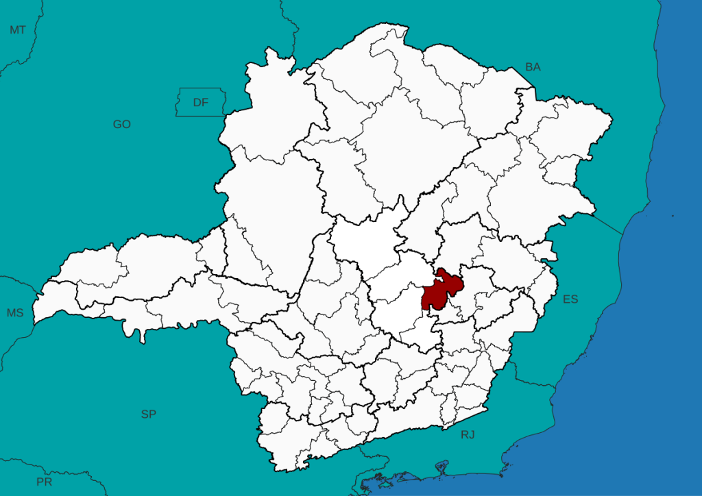 Localização da cidade de Itabira no mapa de Minas Gerais.