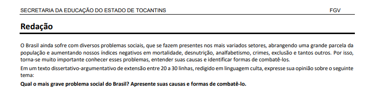 Exemplo de redação da FGV - prova Secretaria de Educação do Estado de Tocantins.