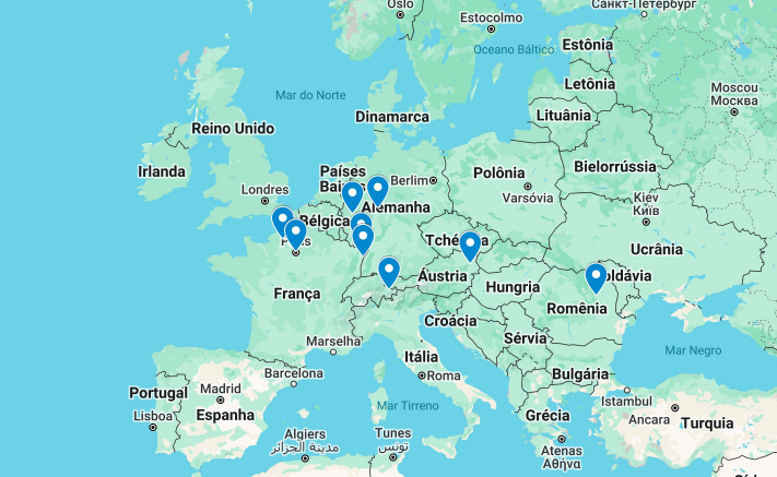 Mapa dos principais artistas do Dadaísmo na Europa.