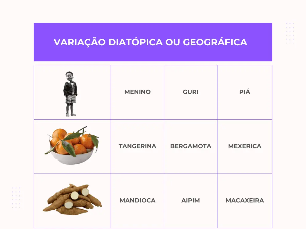 Um dos tipos de variações linguísticas é a variação diatópica ou geográfica, ilustrada nesta tabela.