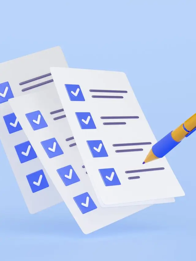 3D illustration of pen putting blue ticks on paper