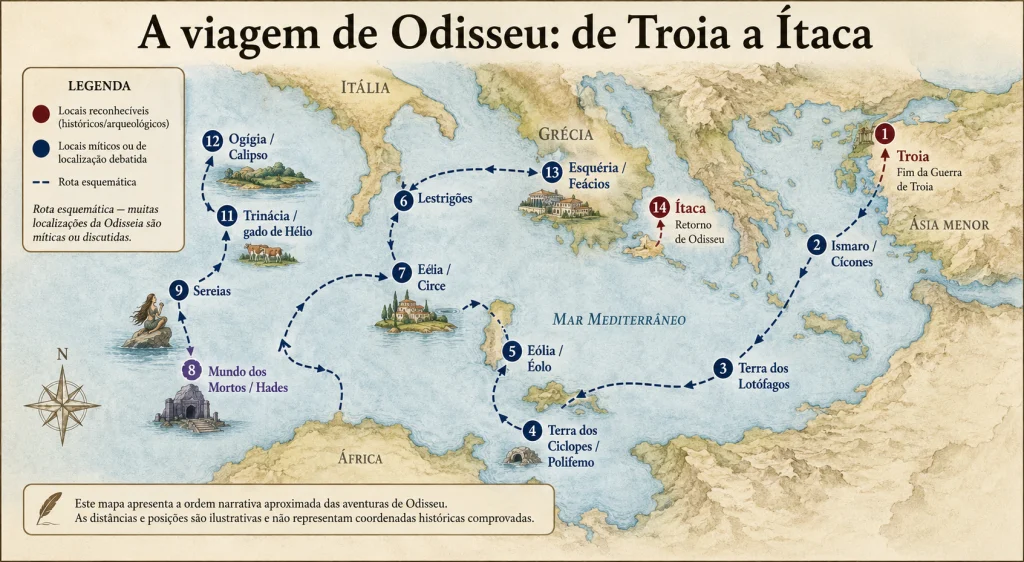 representação esquemática das principais etapas do percurso entre Troia e Ítaca. A localização exata de vários lugares mencionados na Odisseia é desconhecida ou controversa.
